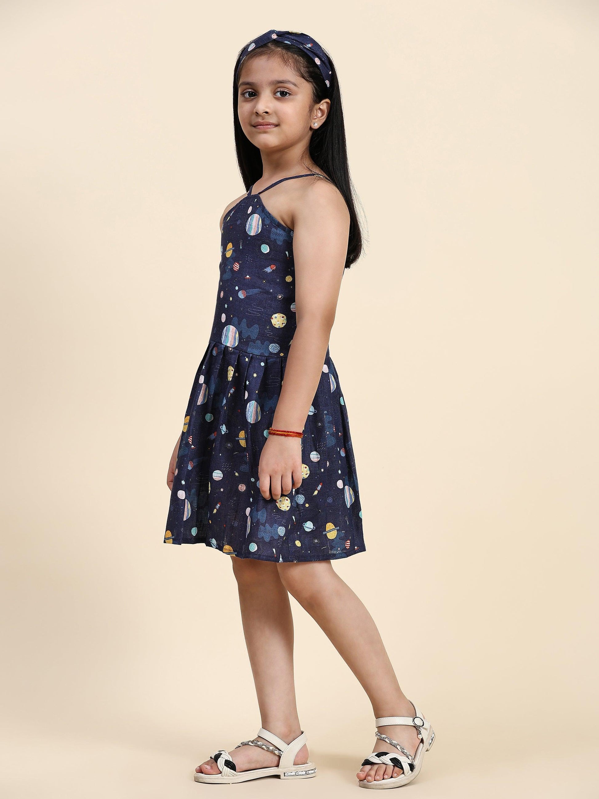 TopSkirt Styled Planet Print Pure Linen Dress - Funny Bones Clothings