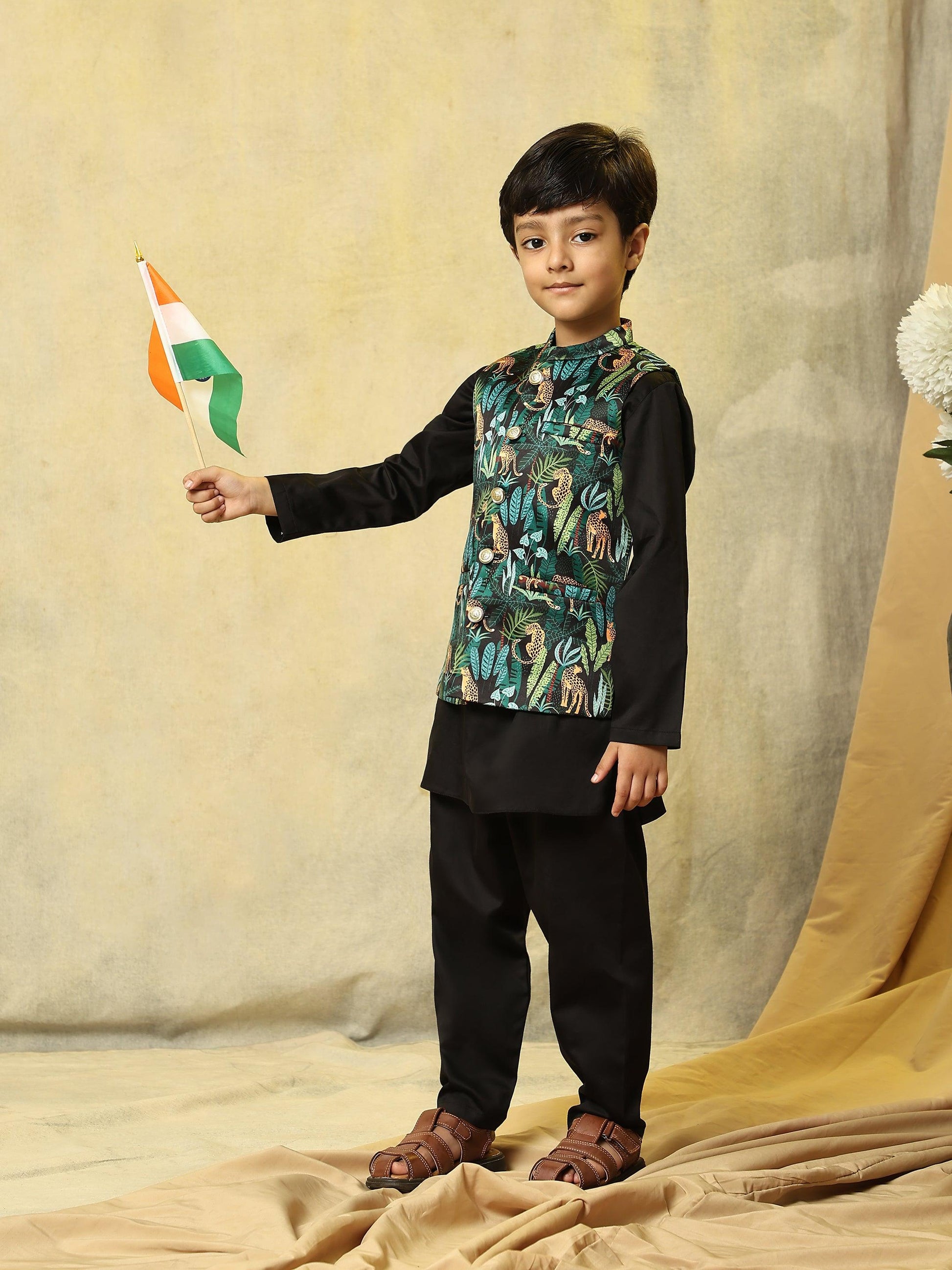Black Leopard Satin Koti with Black Kurta Pajama Set - Funny Bones Clothings