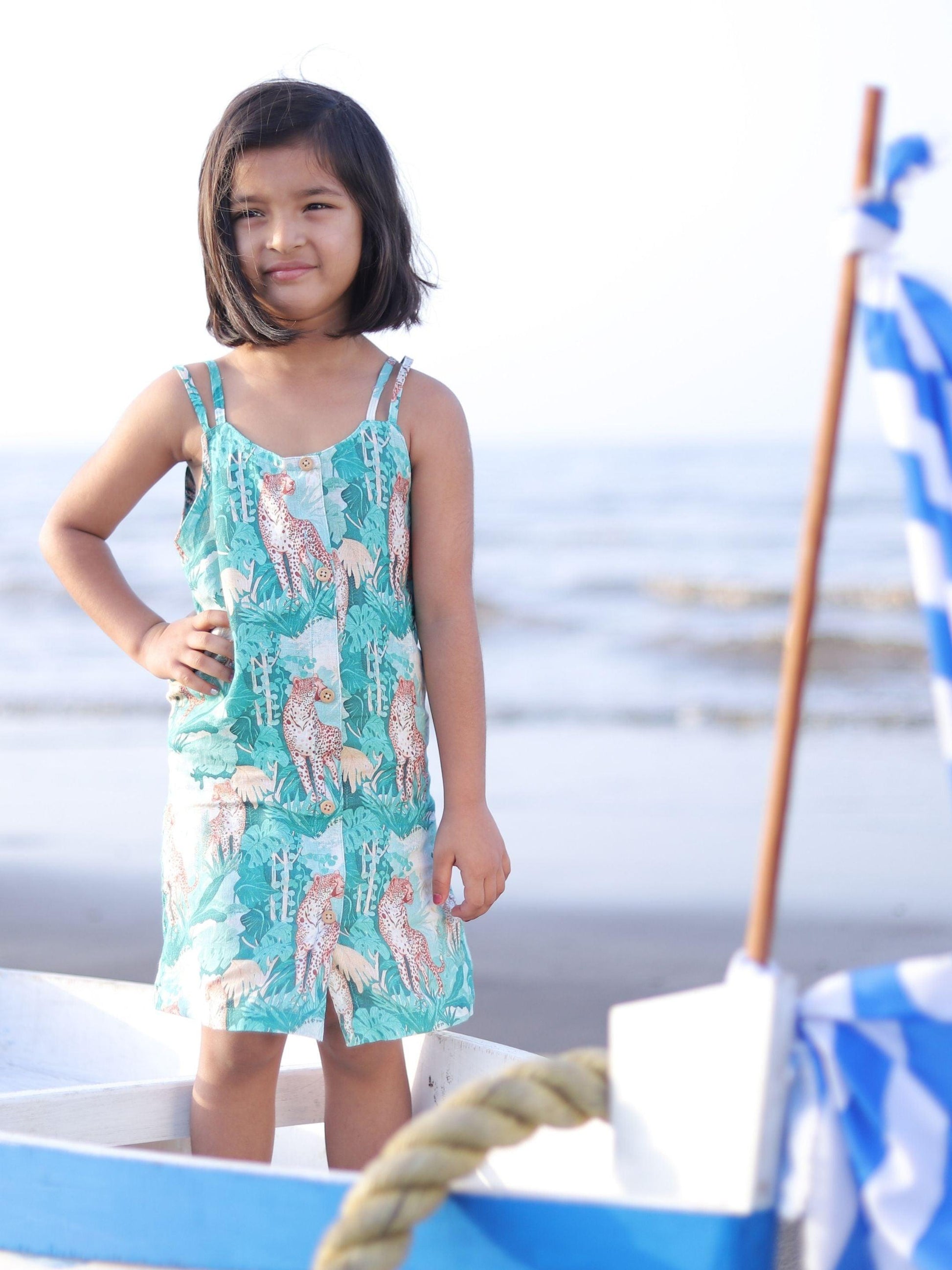 Green Forest and Leopard Print Pure Linen Dress - Funny Bones Clothings