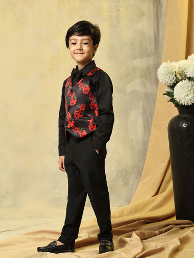 Red Rose Print Pure Waist Coat, Black Shirt and Black Trouser Set - Funny Bones Clothings