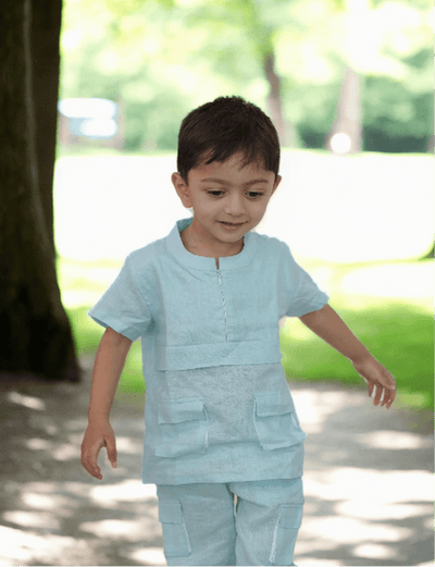 Box Pleated Sky Blue Color Shirt Linen