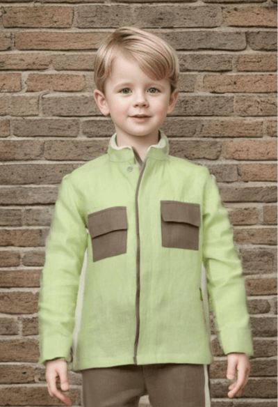Pocketed Style Green Brown Color Shirt Linen