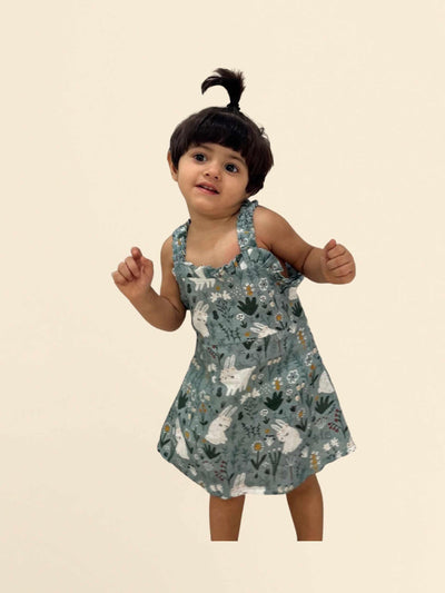 White Rabbit Print Pure Linen Dress - Funny Bones Clothings