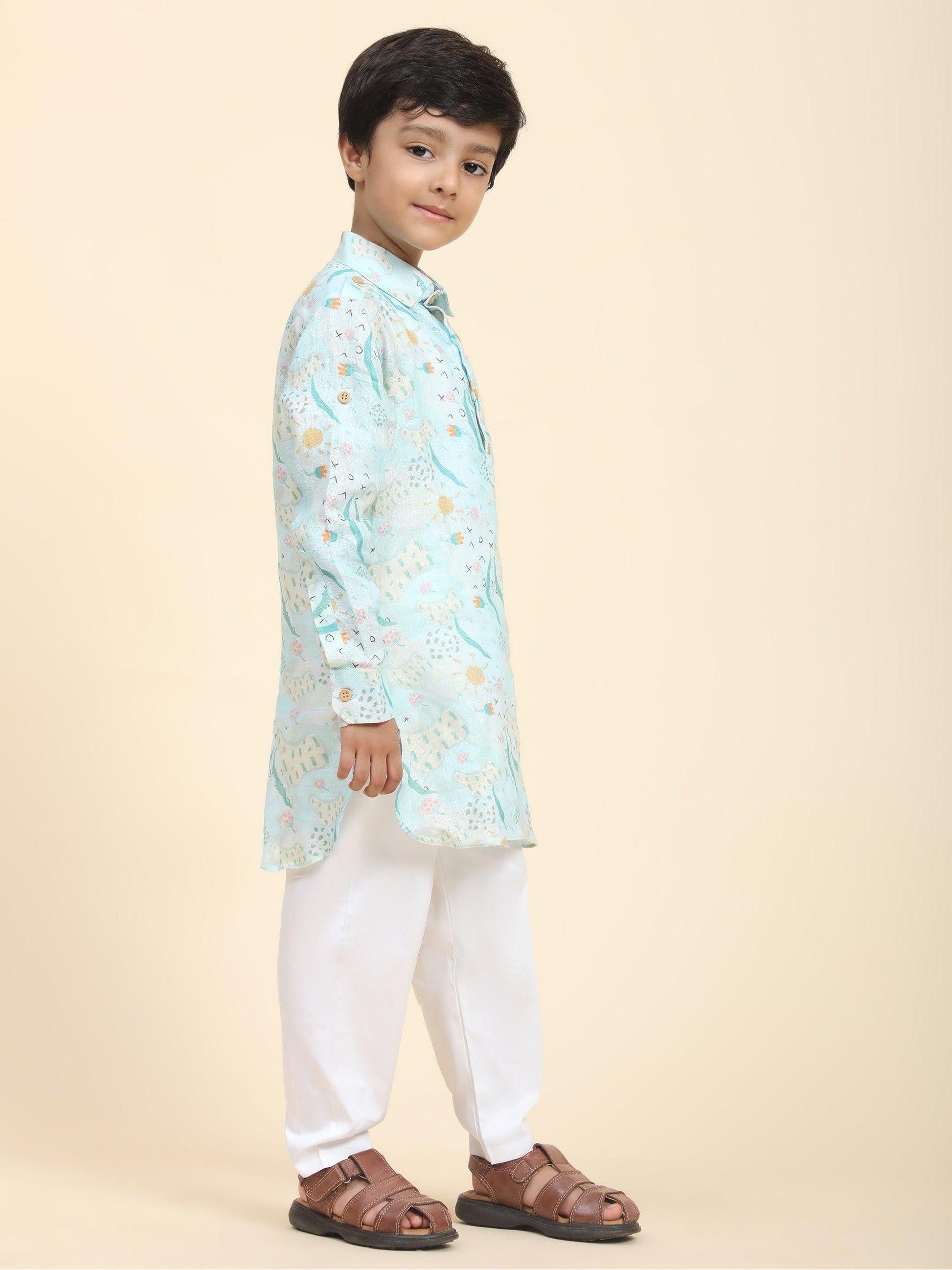 Waterlife Print Pure Linen Kurta and Premium Cotton Pajama Set - Funny Bones Clothings
