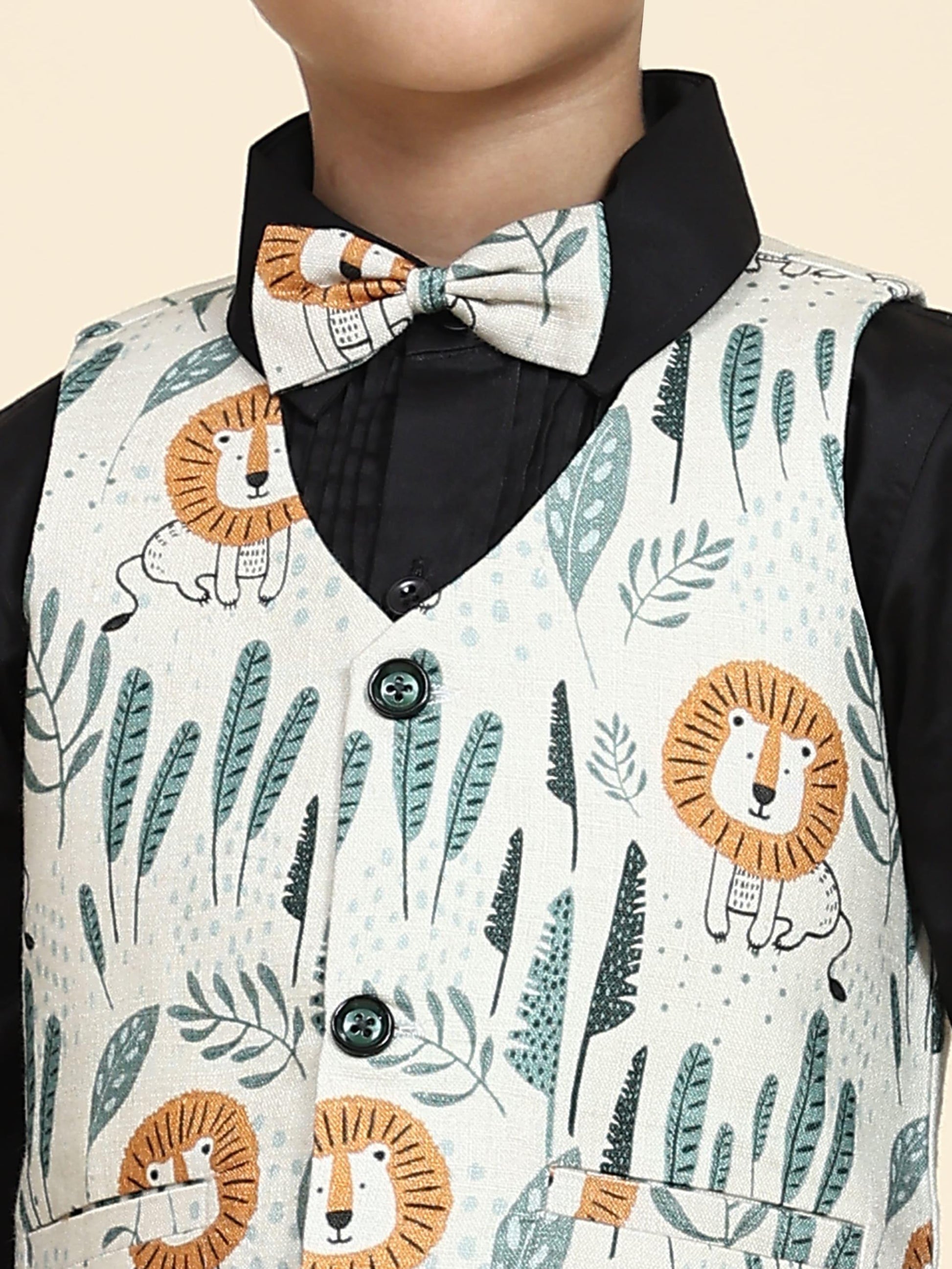 Lion Pure Waist Coat, Black Shirt and Green Trouser Set - Funny Bones Clothings
