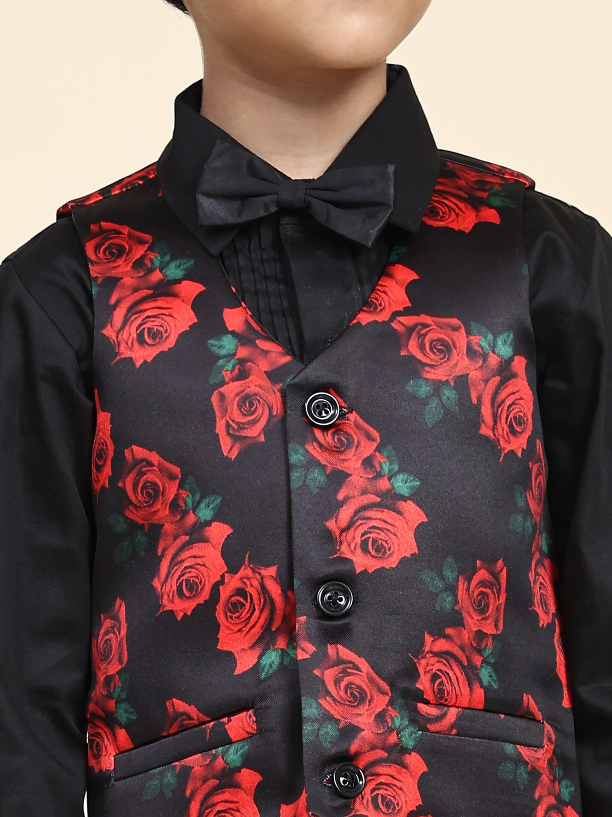 Red Rose Print Pure Waist Coat, Black Shirt and Black Trouser Set - Funny Bones Clothings