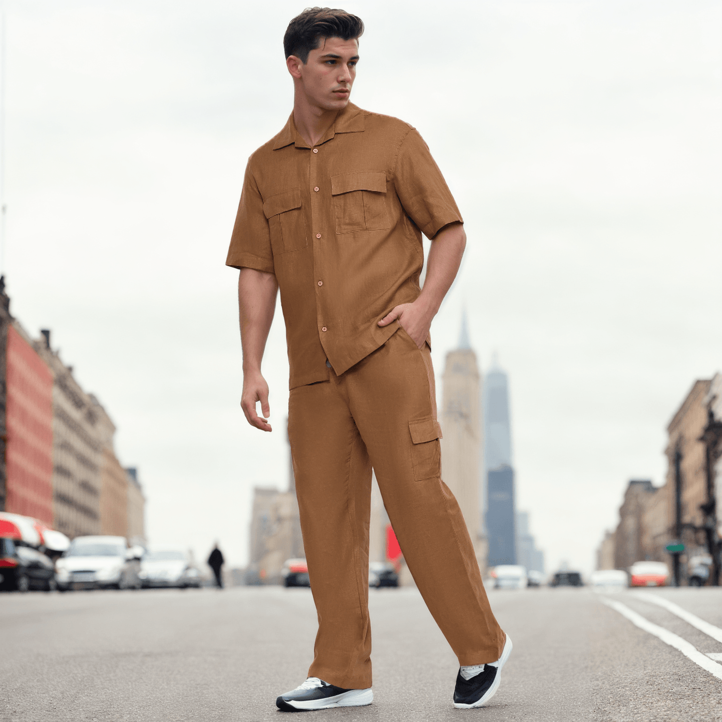 Solid Colour Pure Linen Co-ord Sets - Brown - Funny Bones Clothings