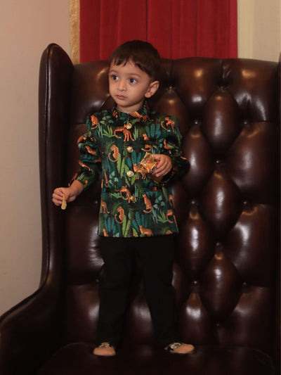 Leopard Printed Satin Bandgala Blazer Set - Funny Bones Clothings