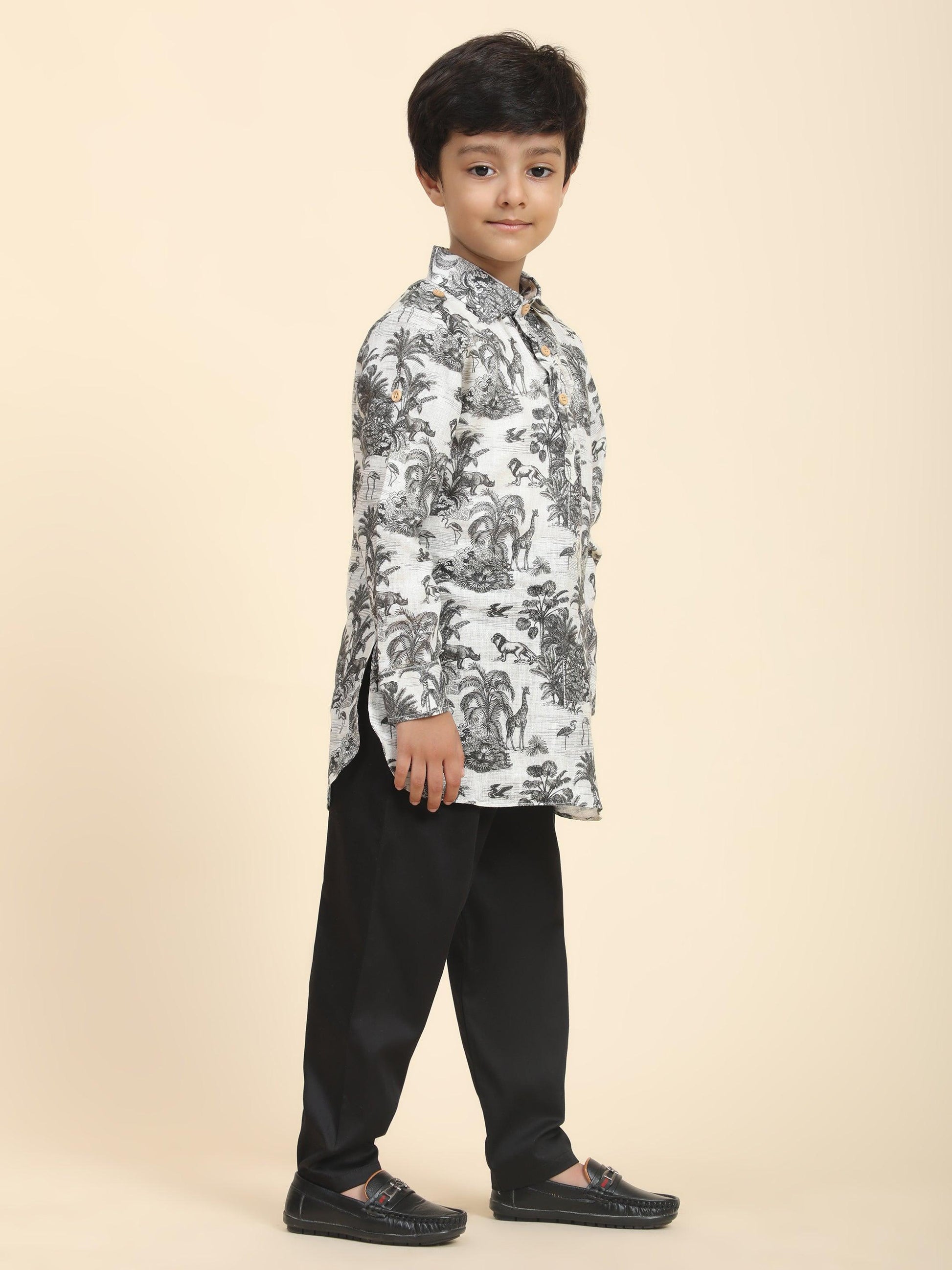 Wildlife Print Pure Linen Kurta and Premium Cotton Pajama Set - Funny Bones Clothings