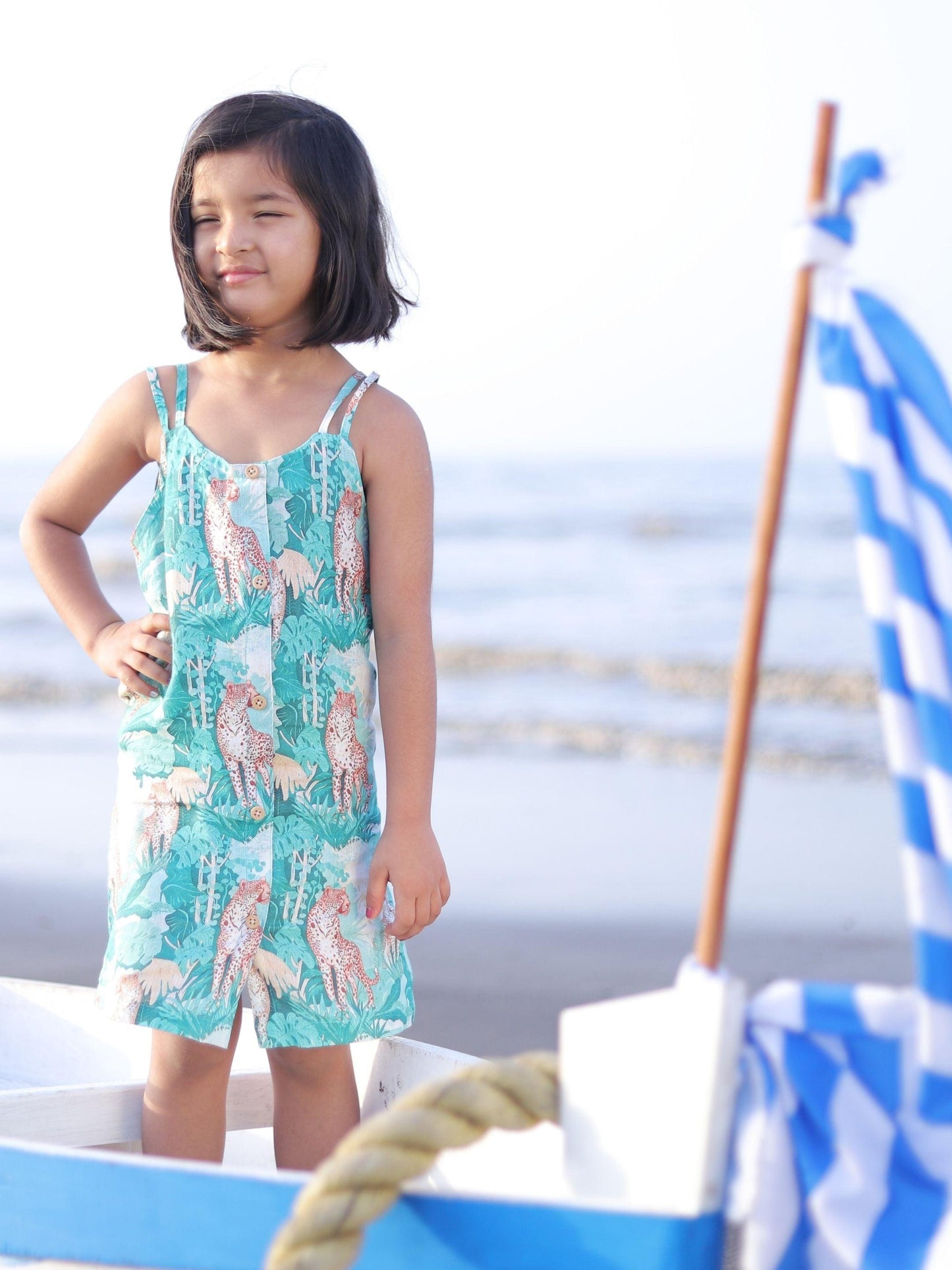 Green Forest and Leopard Print Pure Linen Dress - Funny Bones Clothings