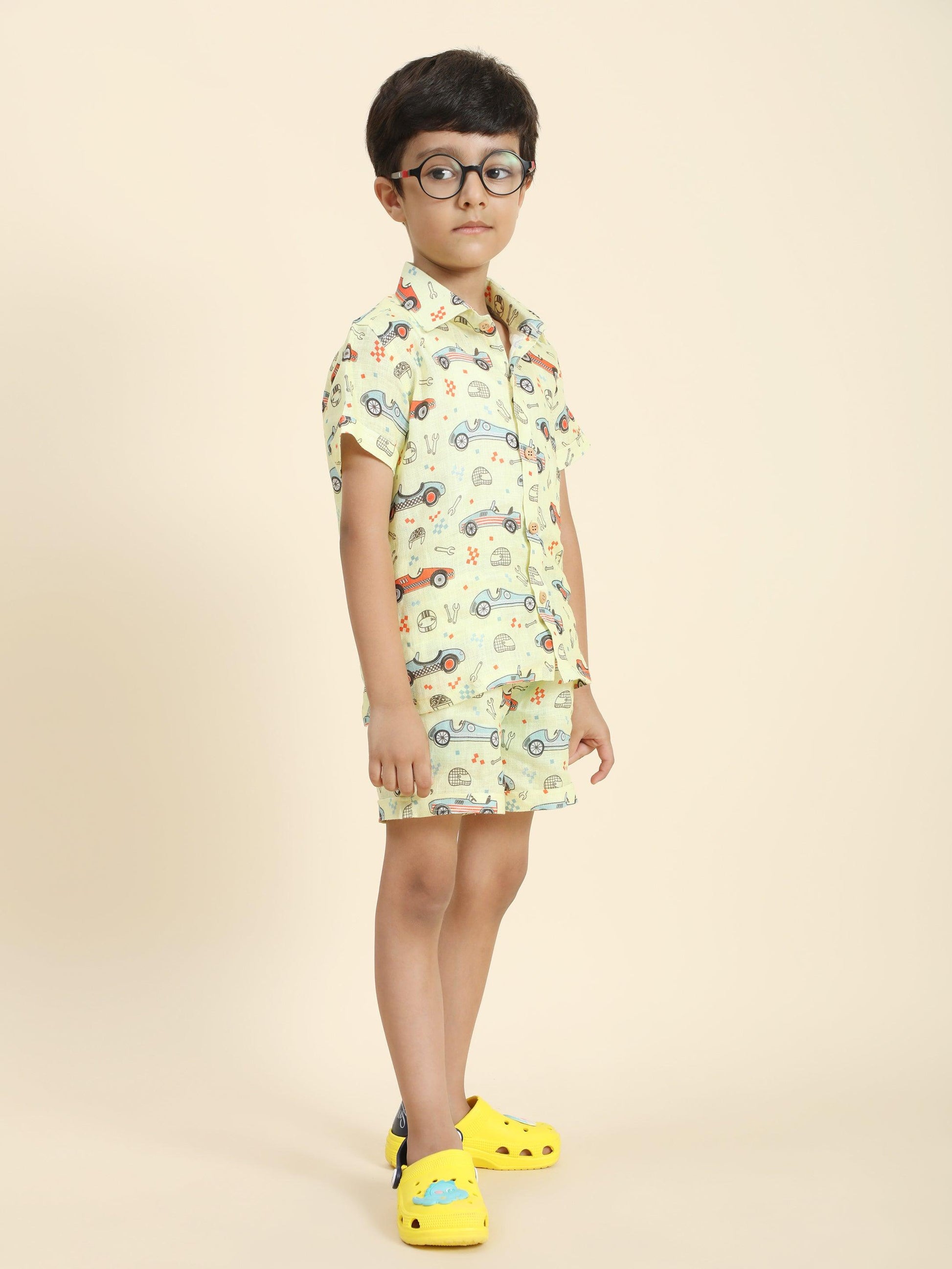 Yellow Car Printed Pure Linen Premium Co-ords - Funny Bones Clothings
