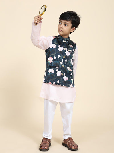 Lotus Print Satin Koti with Pink Kurta White Pajama Set - Funny Bones Clothings