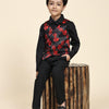 Red Rose Print Pure Waist Coat, Black Shirt and Black Trouser Set - Funny Bones Clothings