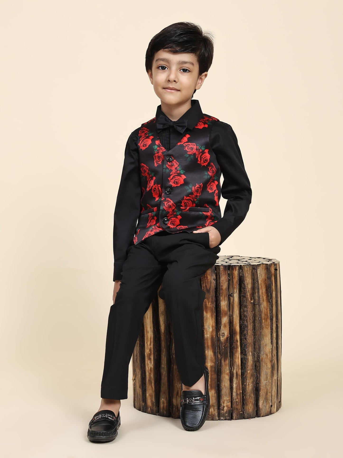 Red Rose Print Pure Waist Coat, Black Shirt and Black Trouser Set - Funny Bones Clothings