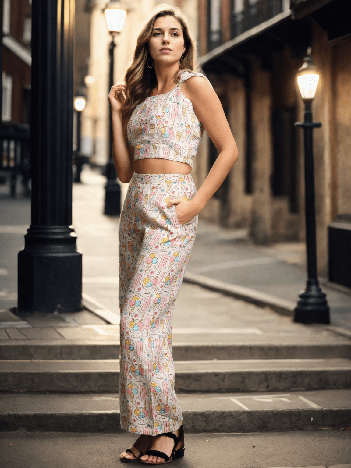 Candies and Icecream Print Pure Linen Top and Straight Pants Coord Set - Funny Bones Clothings