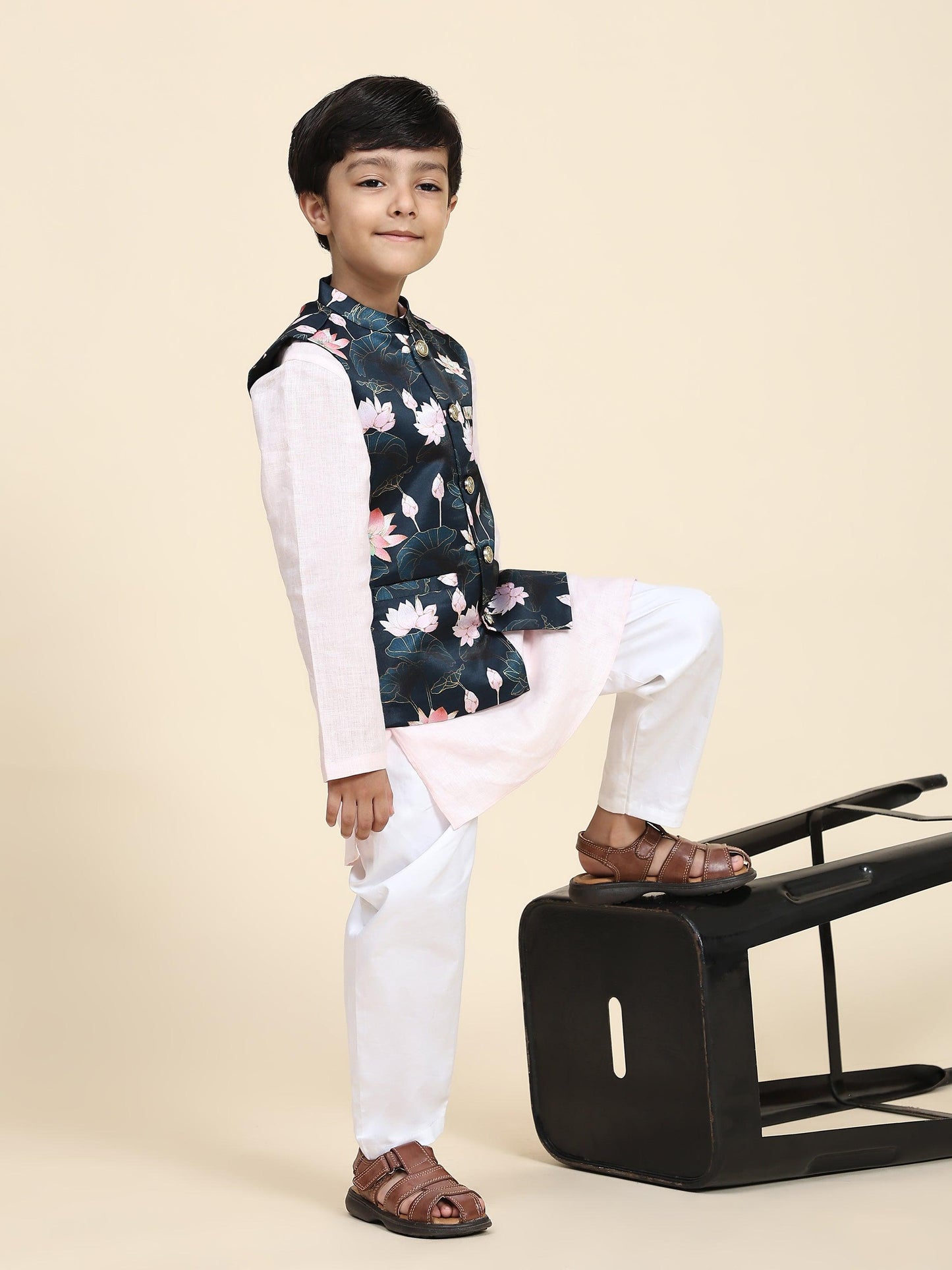 Lotus Print Satin Koti with Pink Kurta White Pajama Set - Funny Bones Clothings