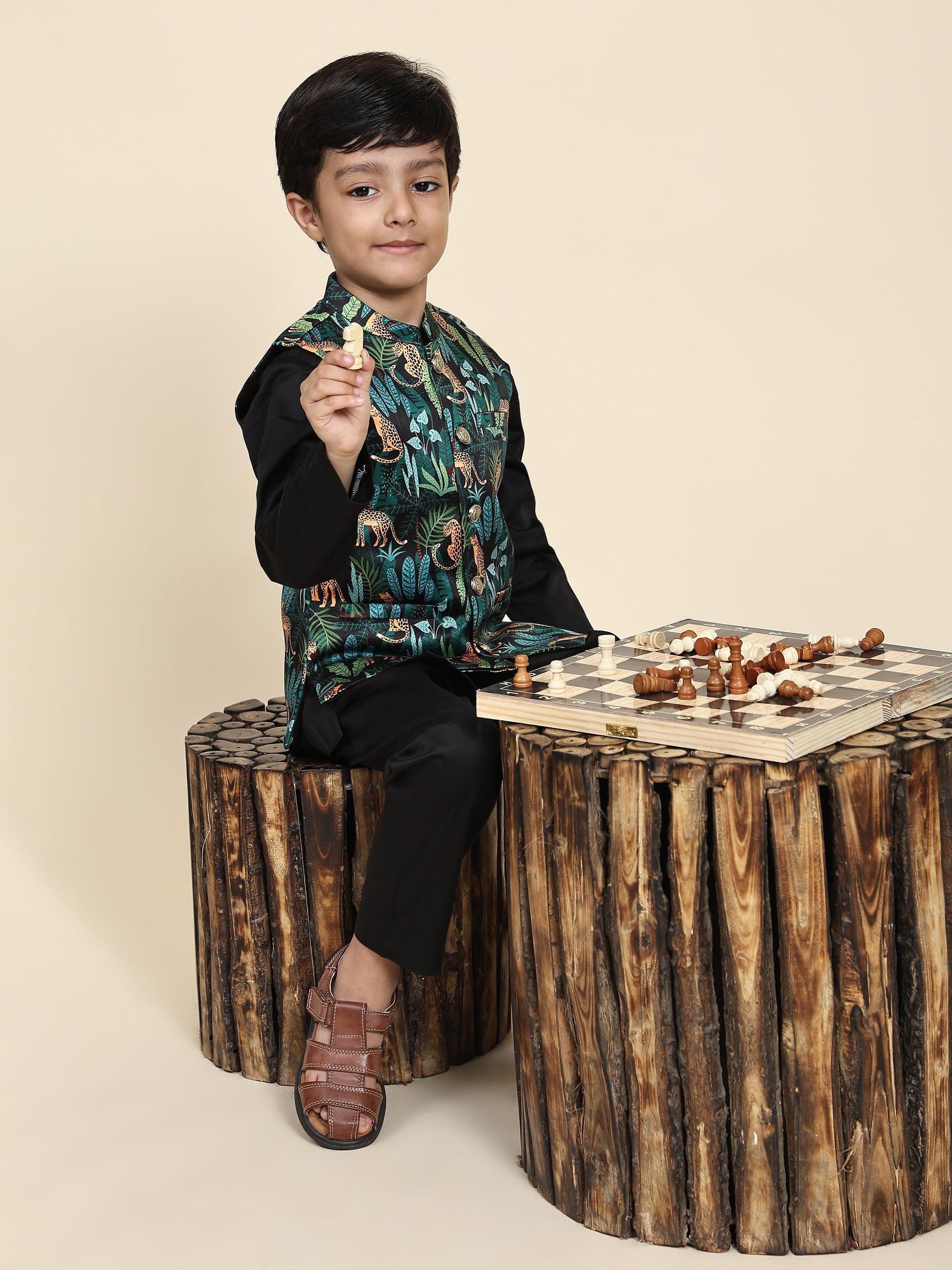 Black Leopard Satin Koti with Black Kurta Pajama Set - Funny Bones Clothings