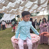 Solid Sky Blue Pure Linen Bandgala Blazer with White Kurta Pajama Set - Funny Bones Clothings