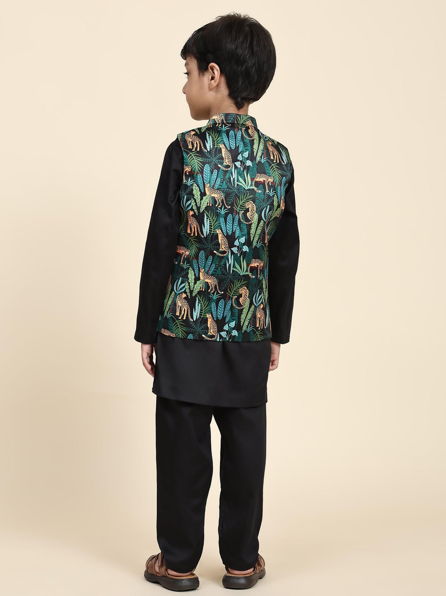 Black Leopard Satin Koti with Black Kurta Pajama Set - Funny Bones Clothings