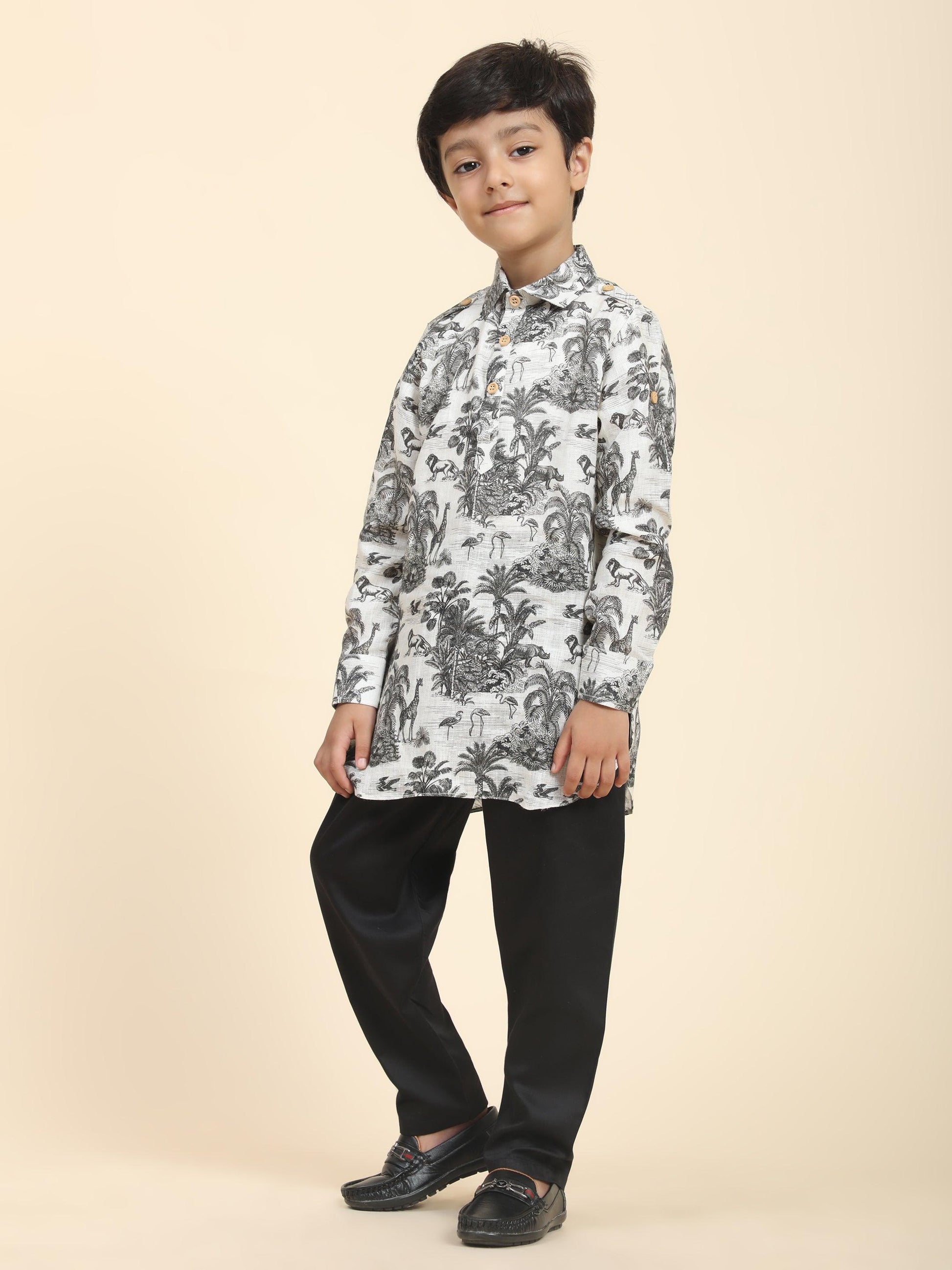 Wildlife Print Pure Linen Kurta and Premium Cotton Pajama Set - Funny Bones Clothings