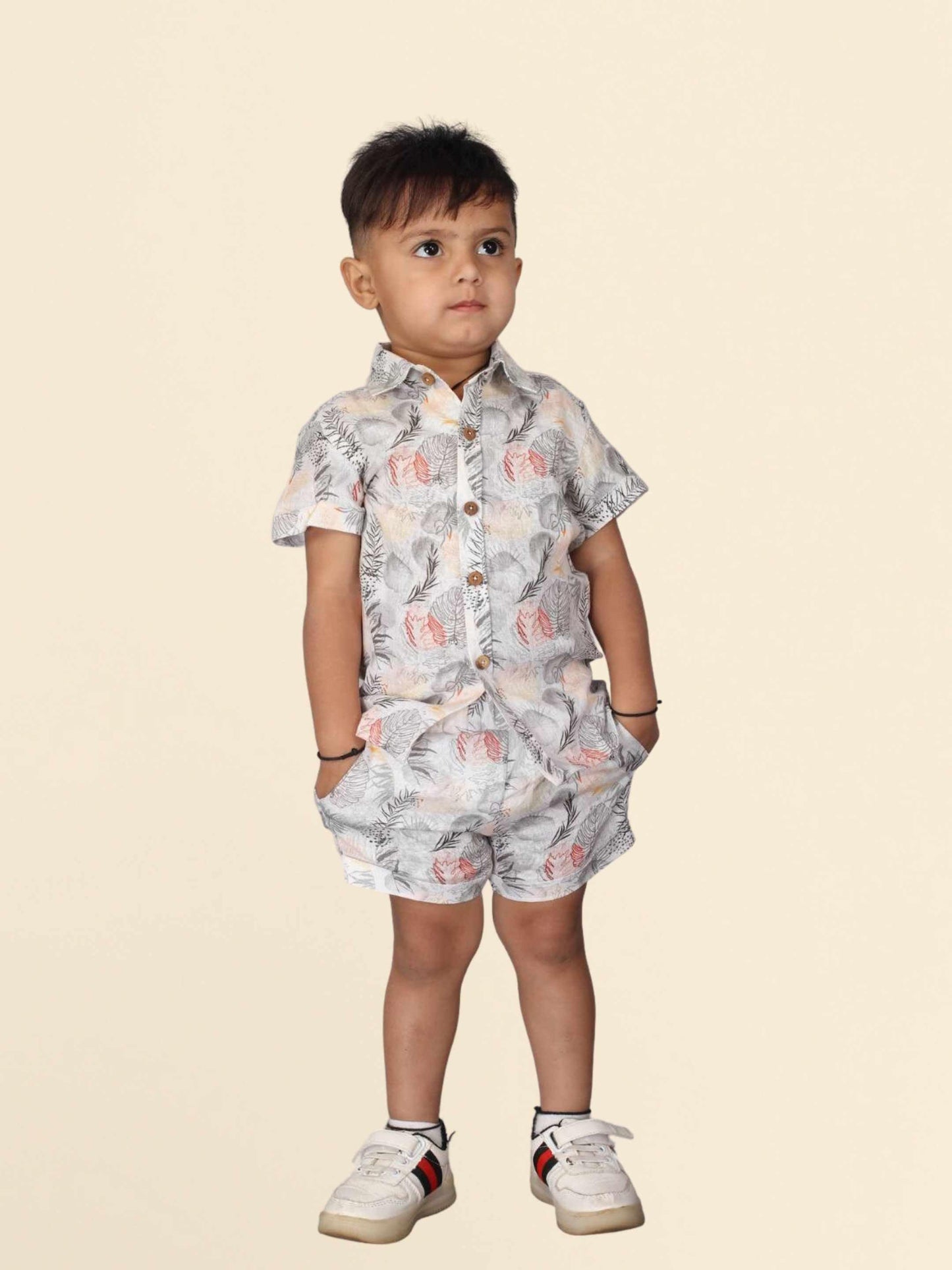 Grey Leaves Printed Pure Linen Premium Co-ords - Funny Bones Clothings