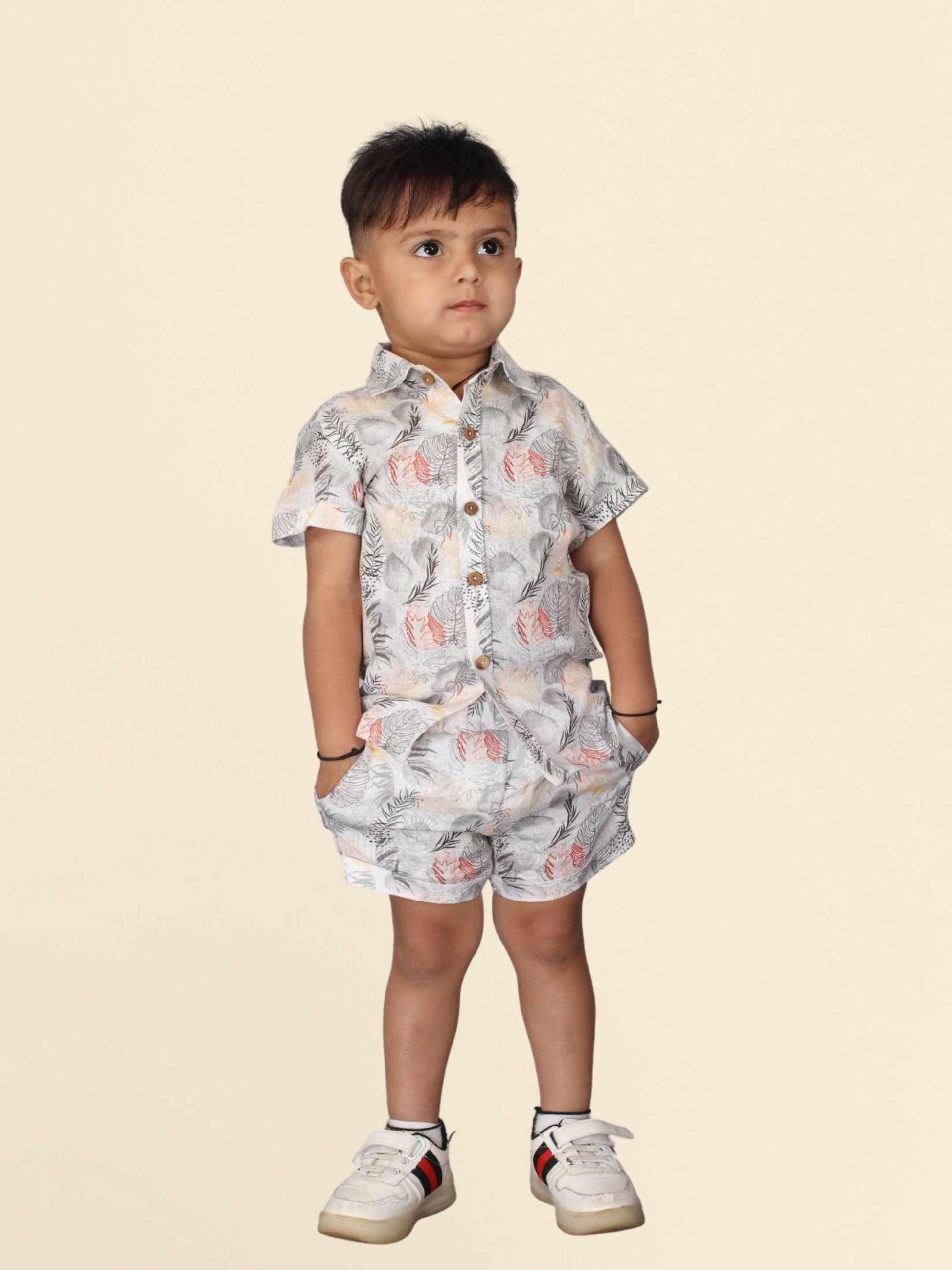 Grey Leaves Printed Pure Linen Premium Co-ords - Funny Bones Clothings