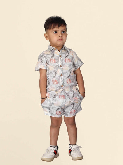Grey Leaves Printed Pure Linen Premium Co-ords - Funny Bones Clothings