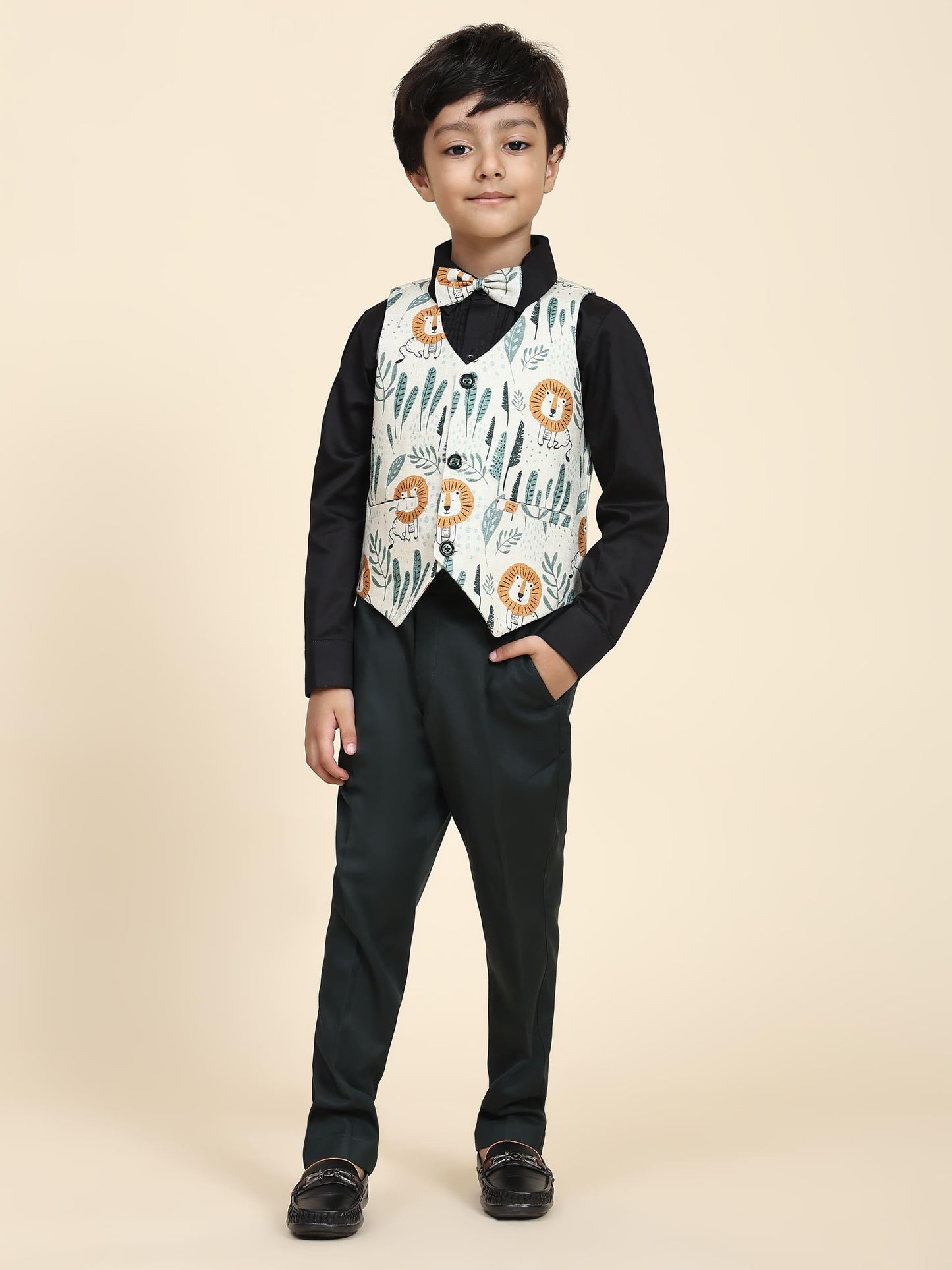 Lion Pure Waist Coat, Black Shirt and Green Trouser Set - Funny Bones Clothings