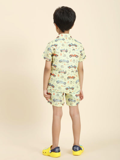 Yellow Car Printed Pure Linen Premium Co-ords - Funny Bones Clothings