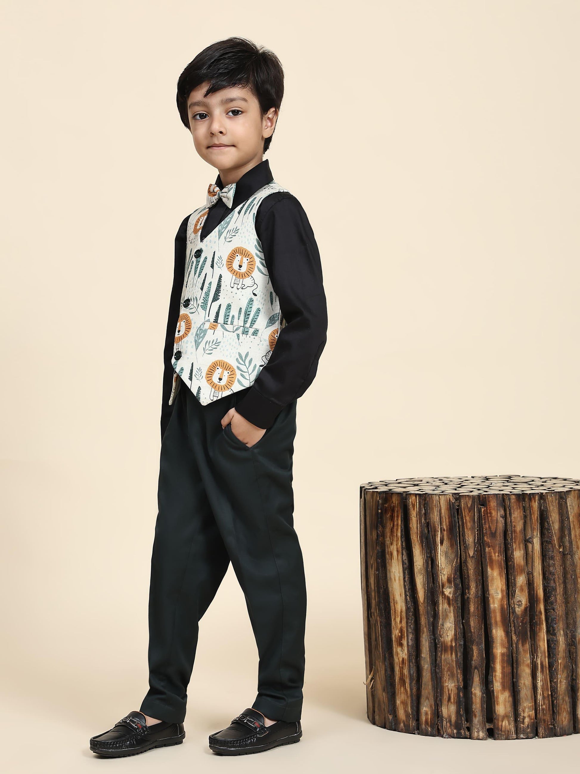 Lion Pure Waist Coat, Black Shirt and Green Trouser Set - Funny Bones Clothings