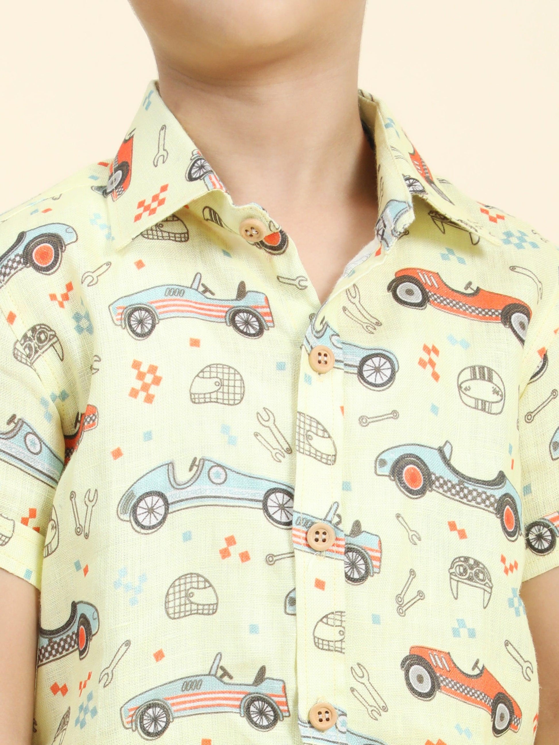 Yellow Car Printed Pure Linen Premium Co-ords - Funny Bones Clothings
