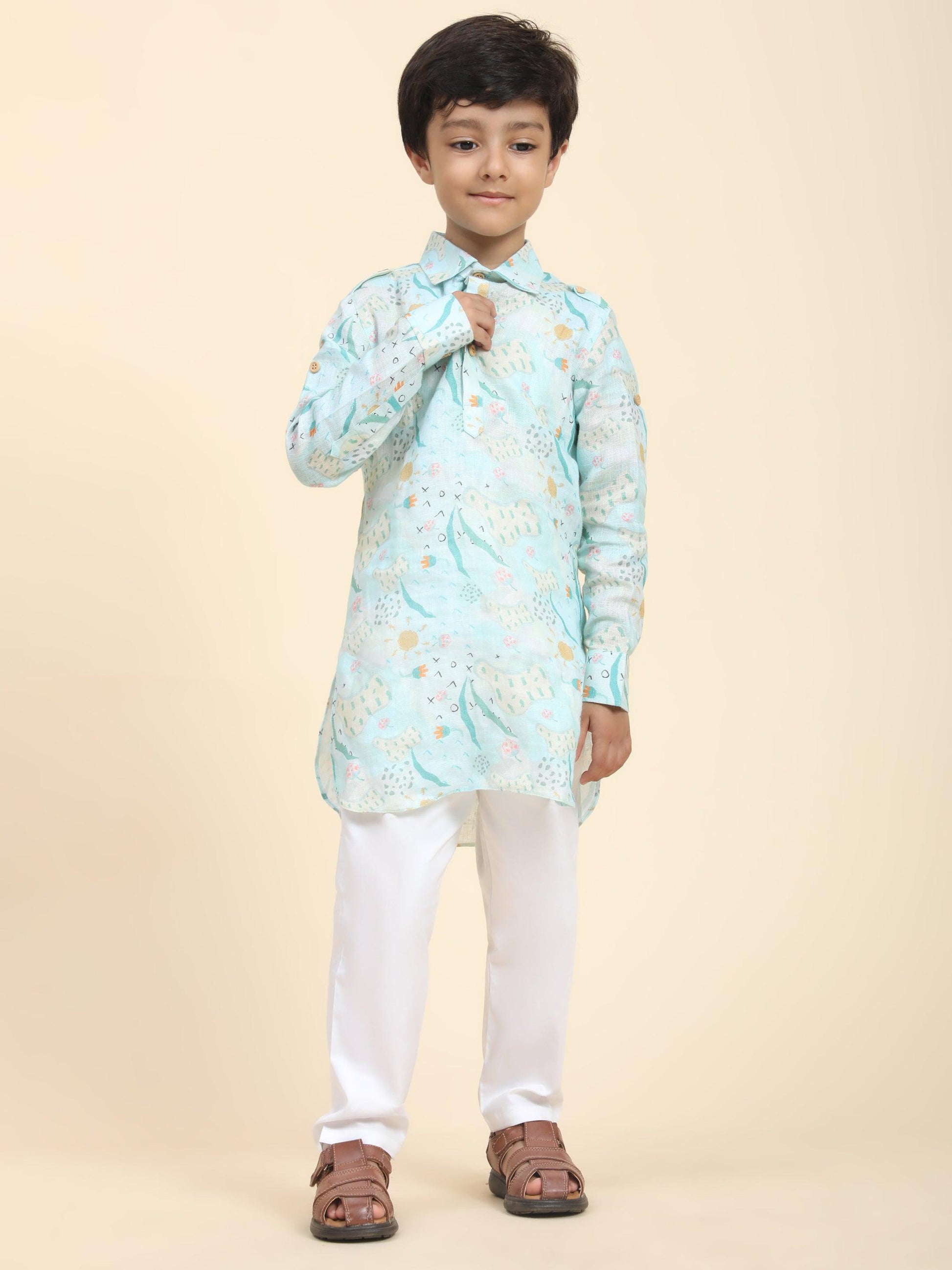 Waterlife Print Pure Linen Kurta and Premium Cotton Pajama Set - Funny Bones Clothings