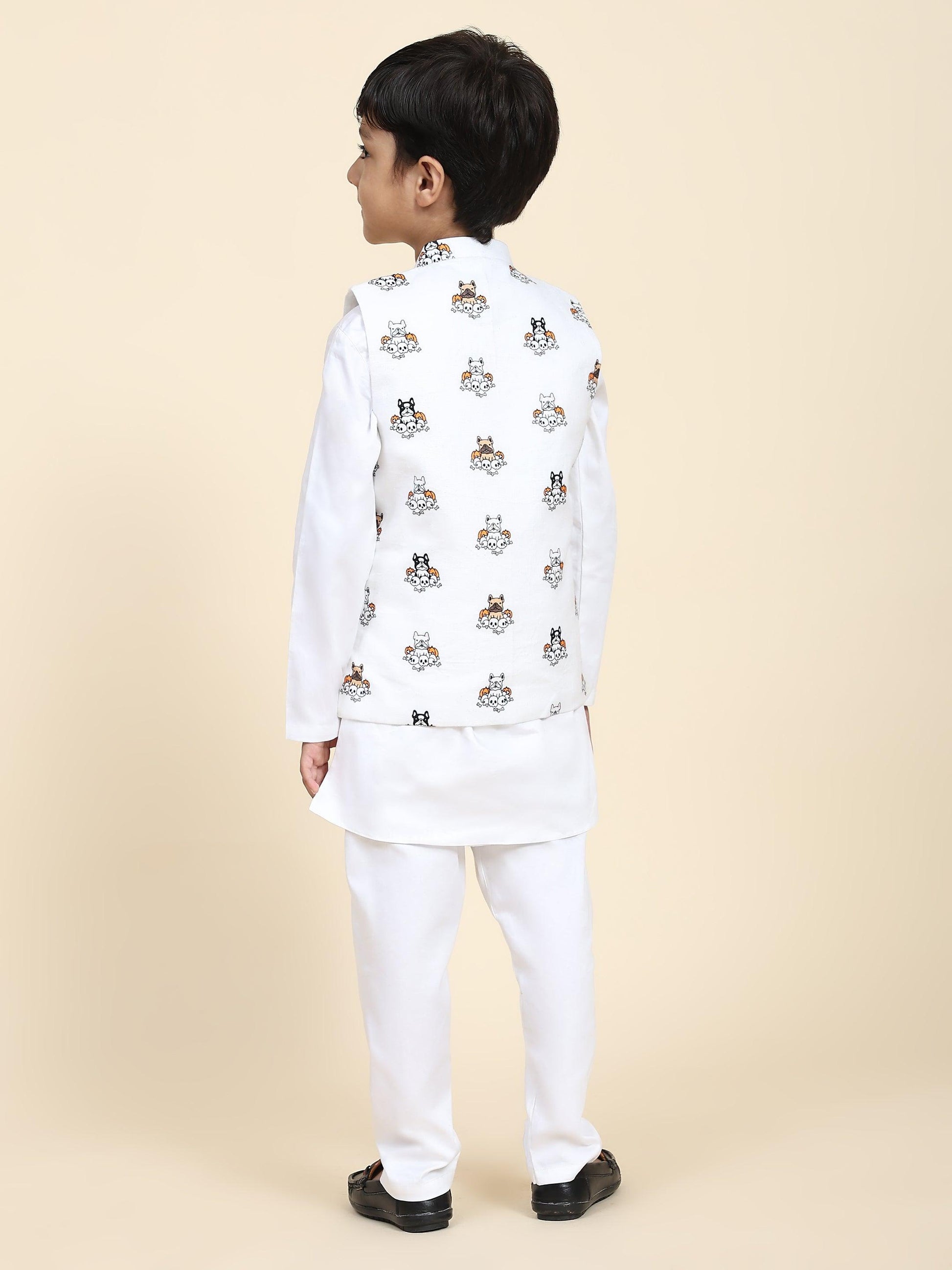 Dog Print Linen Koti with Pure Cotton White Kurta Pajama Set - Funny Bones Clothings