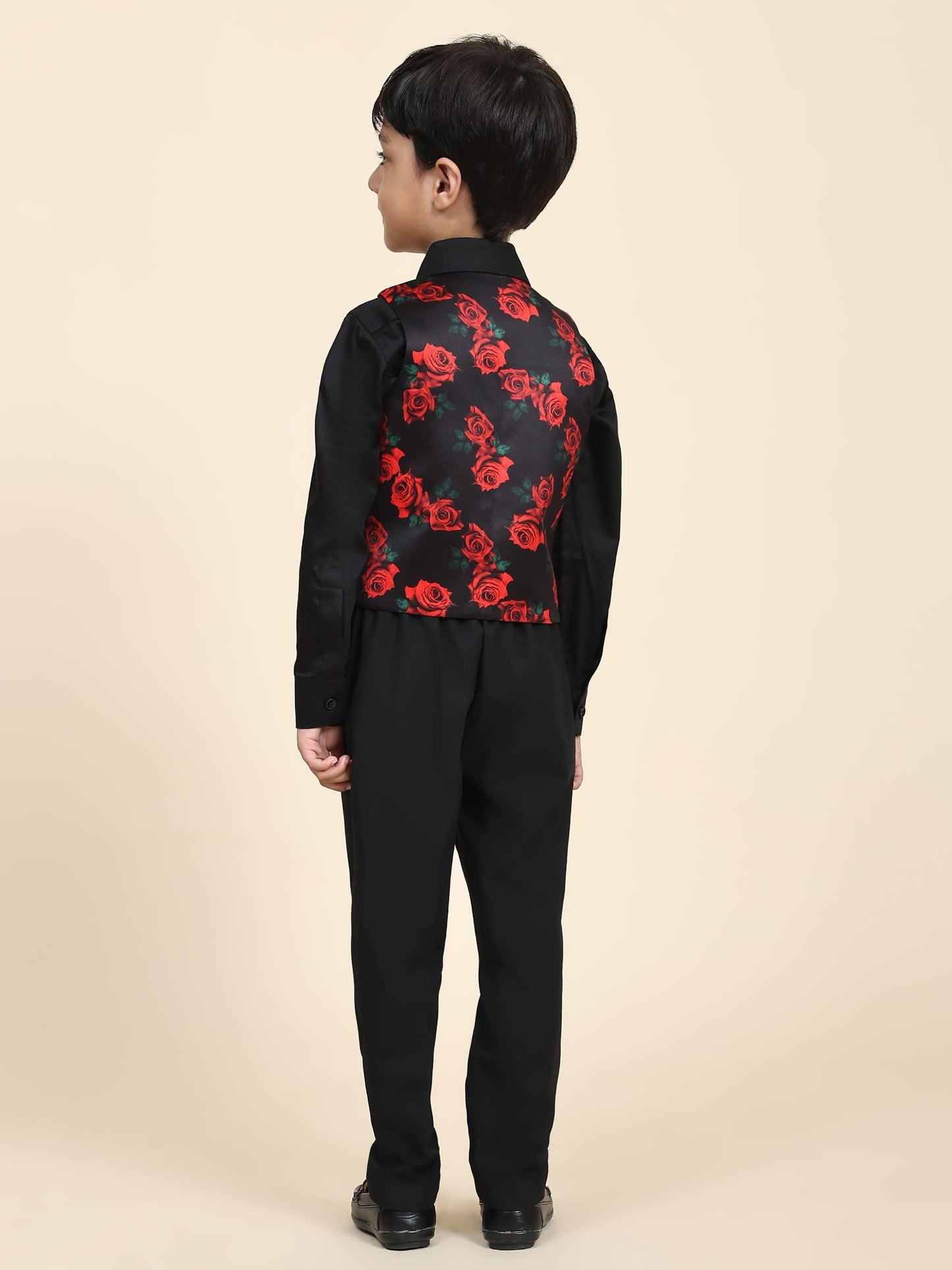 Red Rose Print Pure Waist Coat, Black Shirt and Black Trouser Set - Funny Bones Clothings