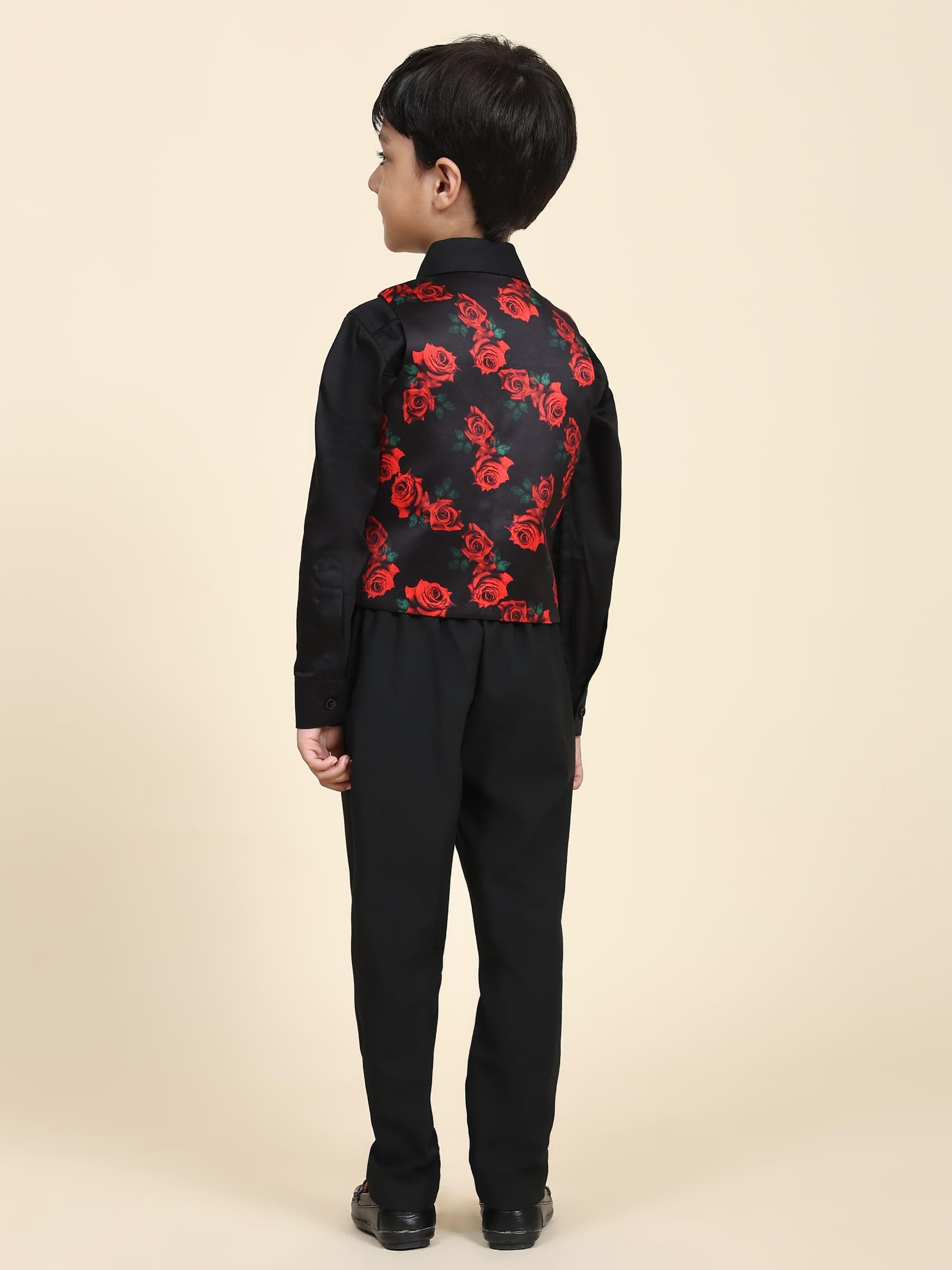 Red Rose Print Pure Waist Coat, Black Shirt and Black Trouser Set - Funny Bones Clothings
