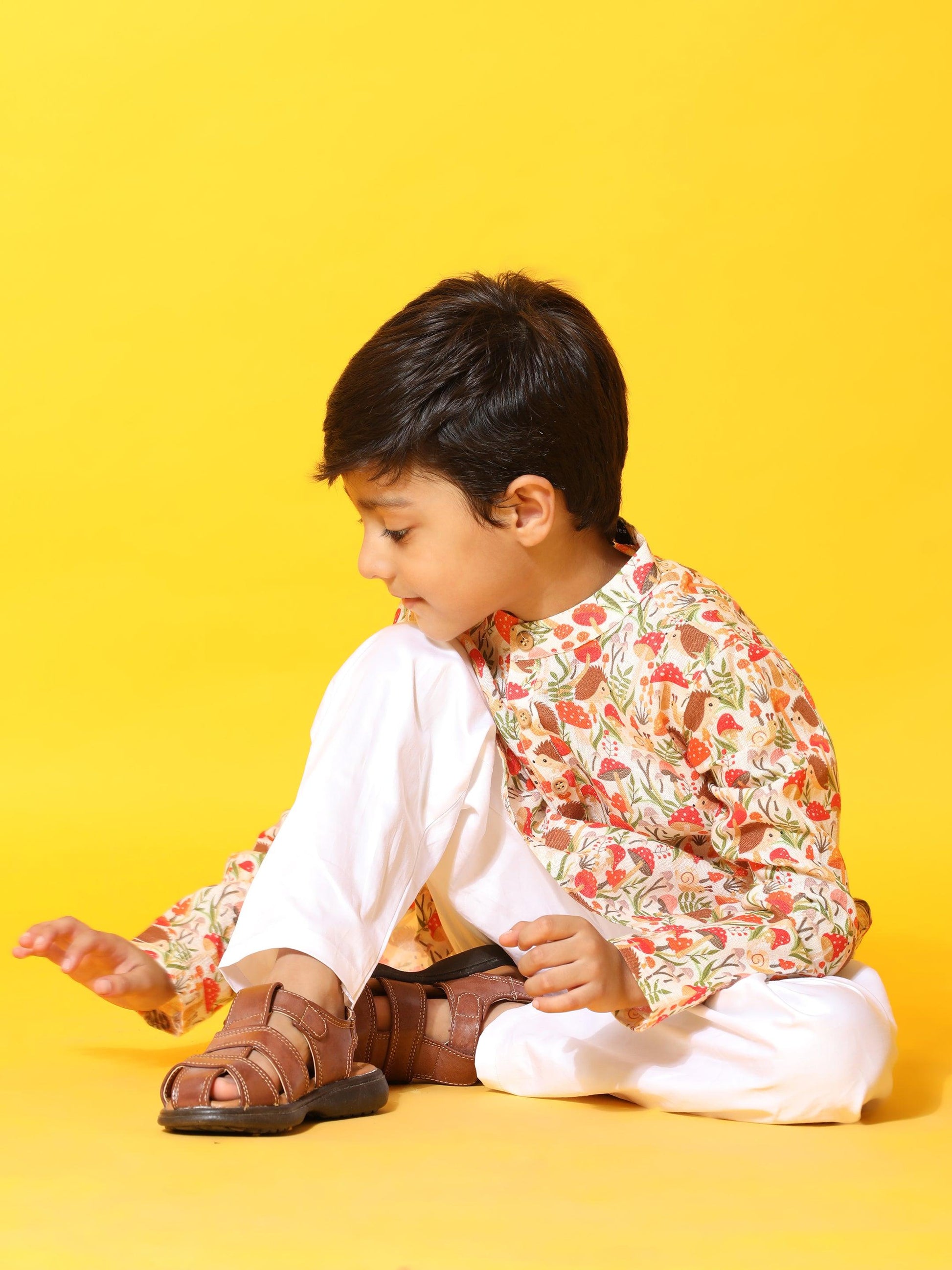Mushroom Print Pure Linen Kurta and Premium Cotton Pajama Set - Funny Bones Clothings