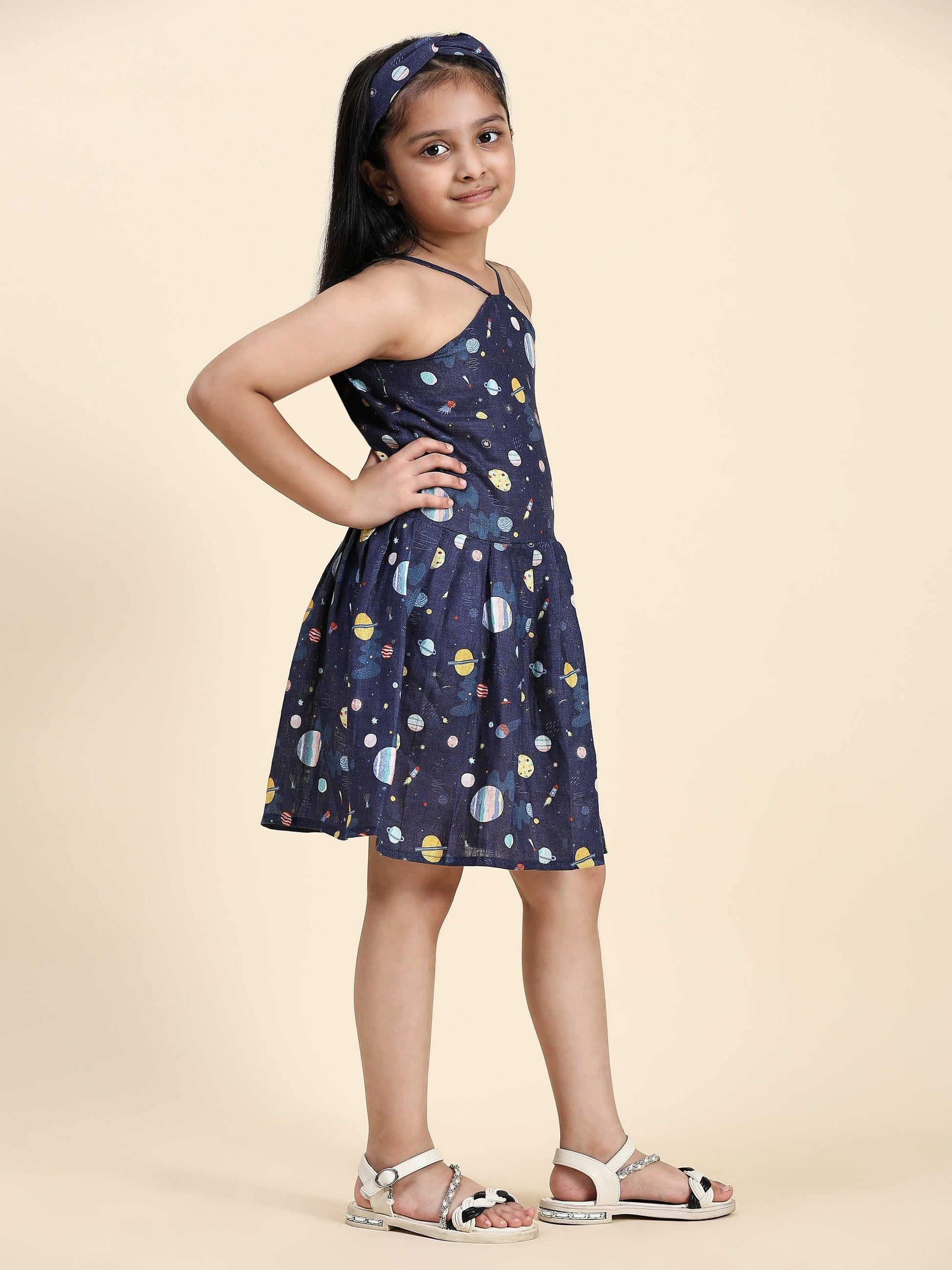 TopSkirt Styled Planet Print Pure Linen Dress - Funny Bones Clothings