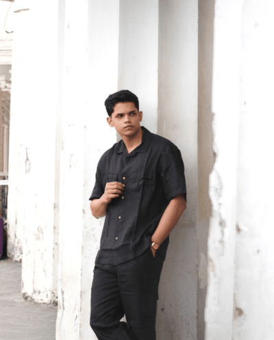 Solid Colour Pure Linen Co-ord Sets - Black - Funny Bones Clothings