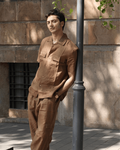 Solid Colour Pure Linen Co-ord Sets - Brown - Funny Bones Clothings