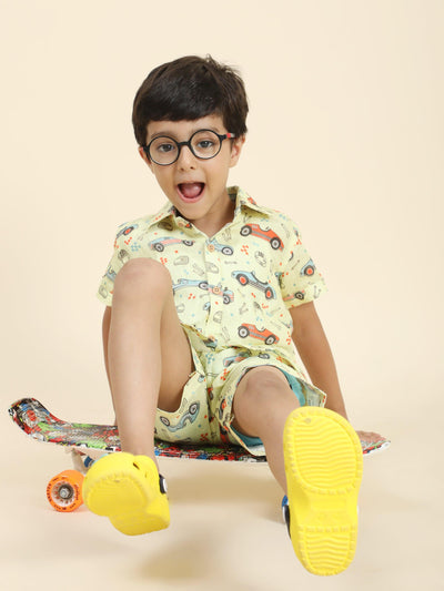 Yellow Car Printed Pure Linen Premium Co-ords - Funny Bones Clothings