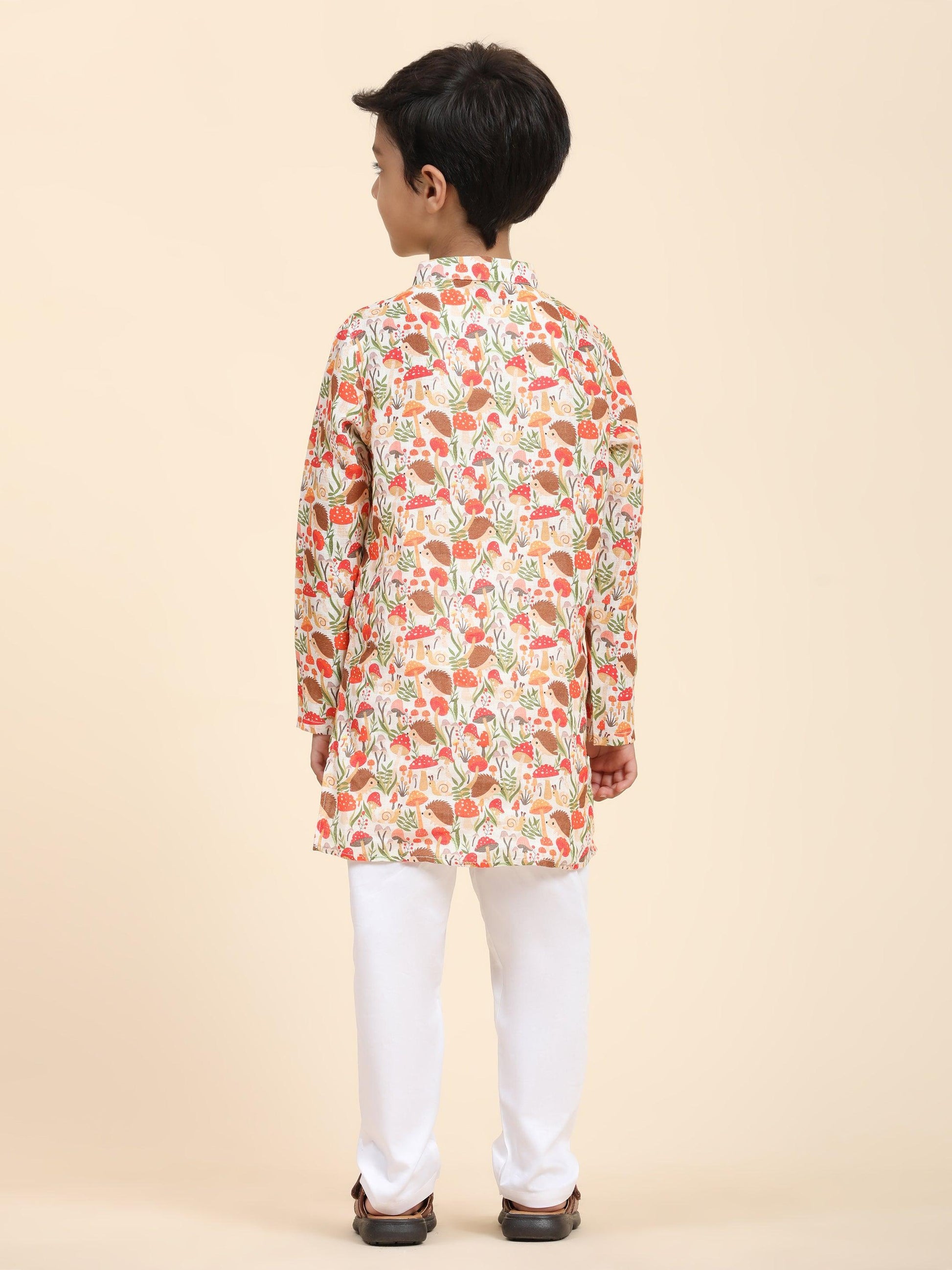 Mushroom Print Pure Linen Kurta and Premium Cotton Pajama Set - Funny Bones Clothings