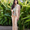 Solid Peach Sleeveless Pure Linen Blazer , Trouser and African forest Printed Top Set - Funny Bones Clothings