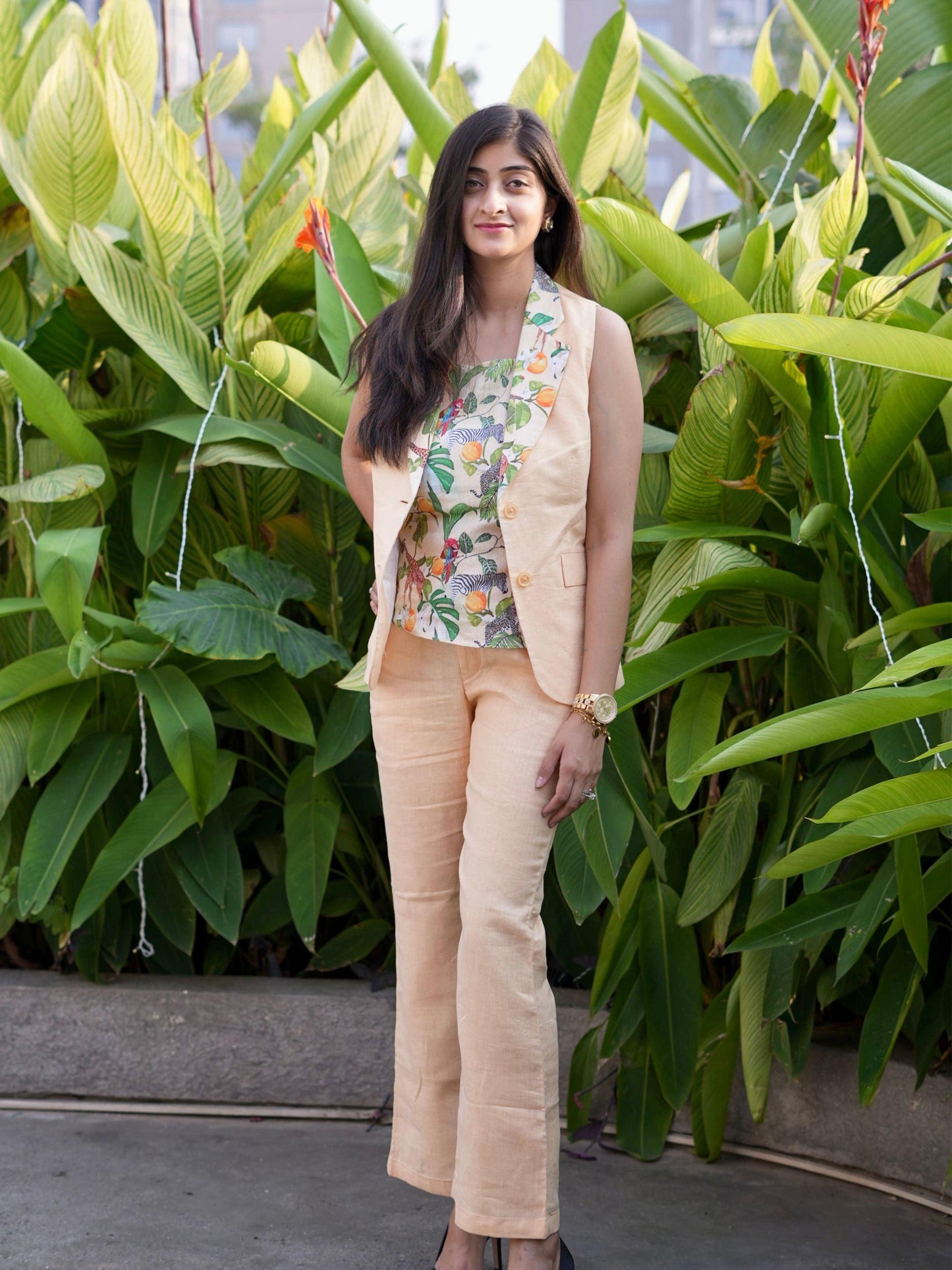 Solid Peach Sleeveless Pure Linen Blazer , Trouser and African forest Printed Top Set - Funny Bones Clothings