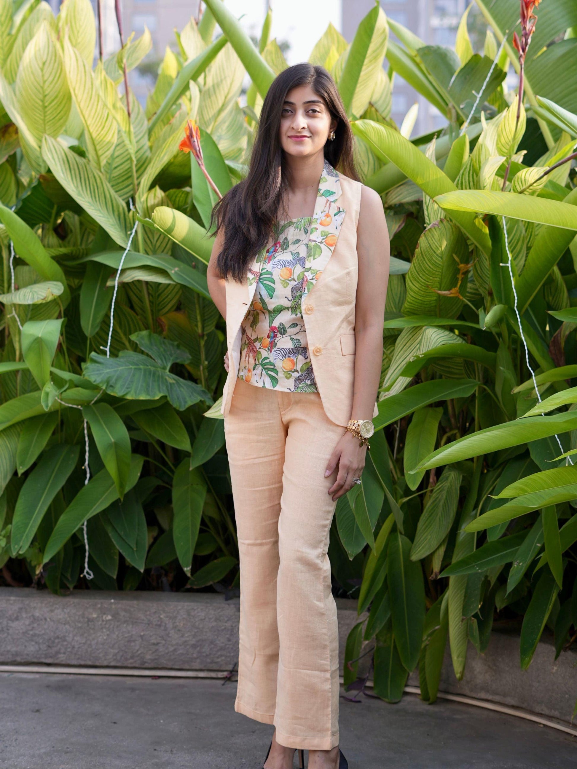 Solid Peach Sleeveless Pure Linen Blazer , Trouser and African forest Printed Top Set - Funny Bones Clothings