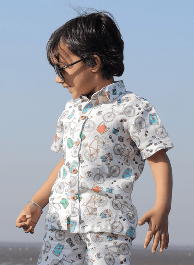 Cycle Camera Bags Print Pure Linen Shirt