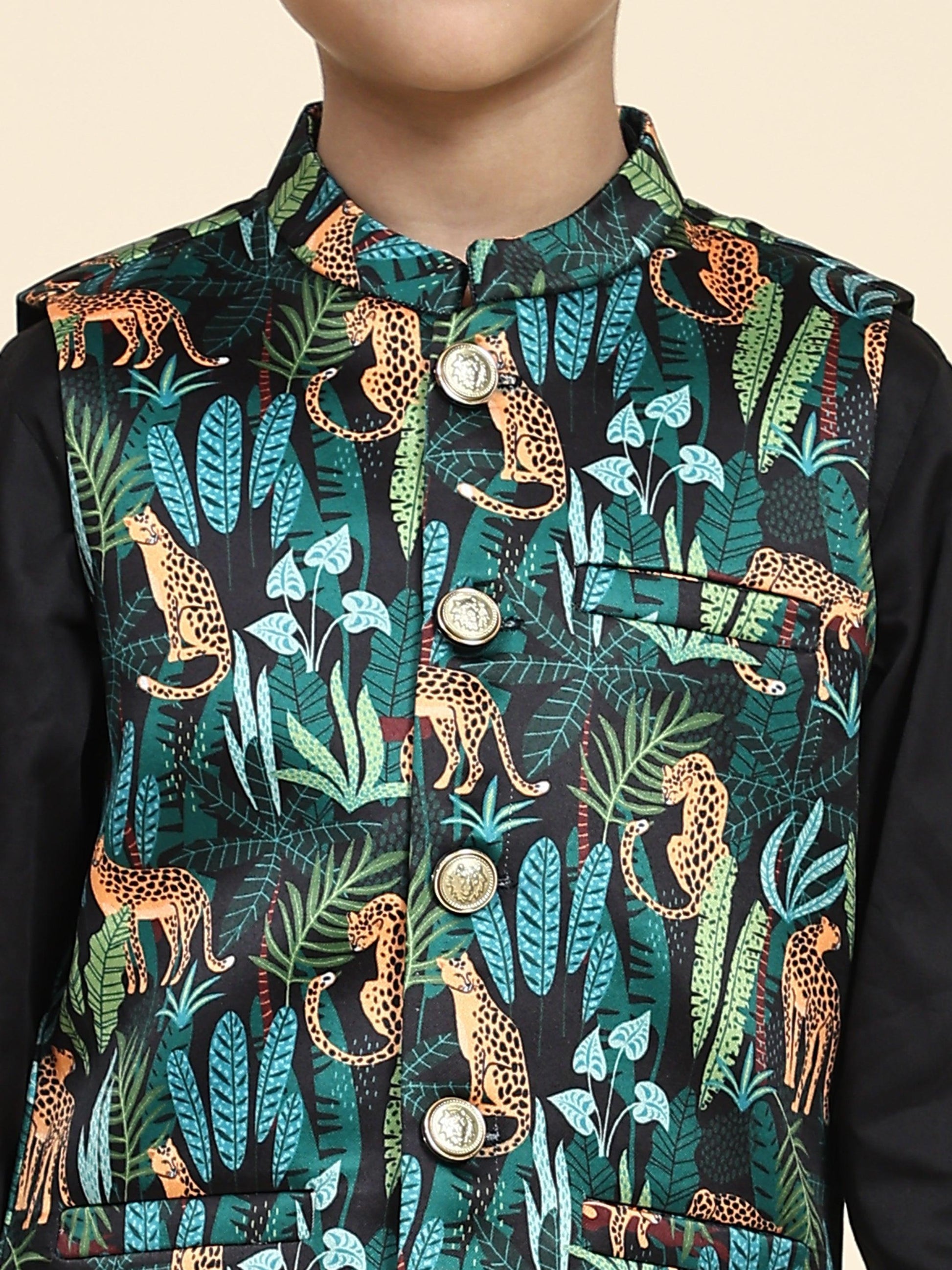 Black Leopard Satin Koti with Black Kurta Pajama Set - Funny Bones Clothings