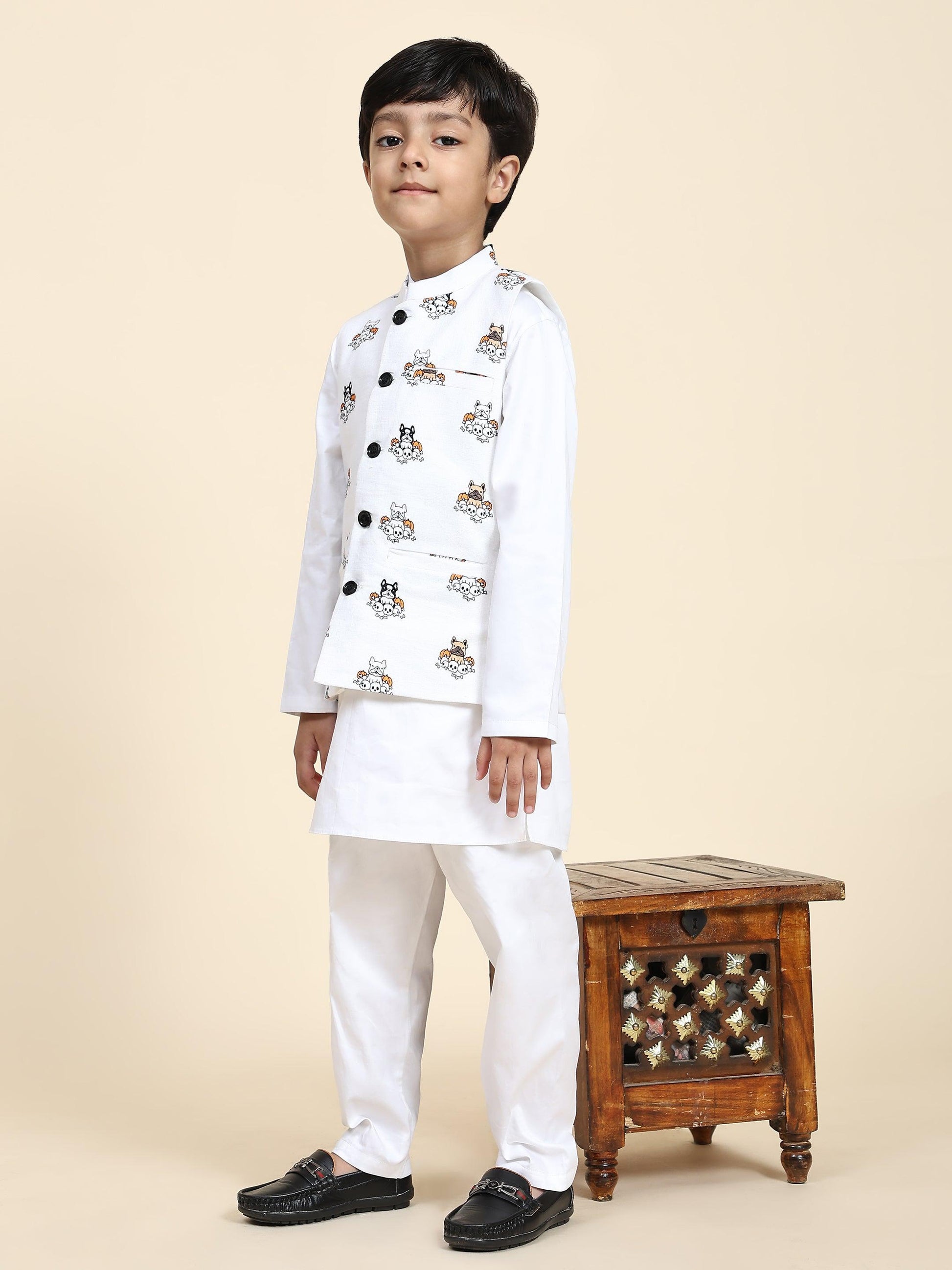 Dog Print Linen Koti with Pure Cotton White Kurta Pajama Set - Funny Bones Clothings