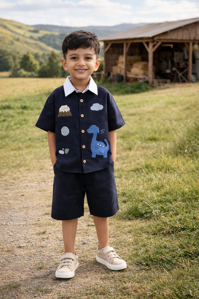 Dino Dusk Play Suit Handwork Premium Linen Coord Set