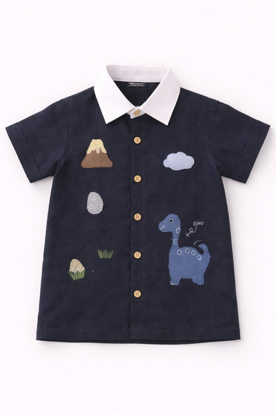 Ancient Valley Appliqué Handwork Premium Linen Coord Set - Dark Blue