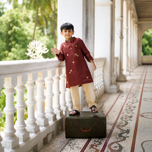 Indian girl wearing the The Wanderer kurti pants set in Pure Silk, Brown Coca COla Shade — FunnyBones.in Mehfil '26 festive collection.